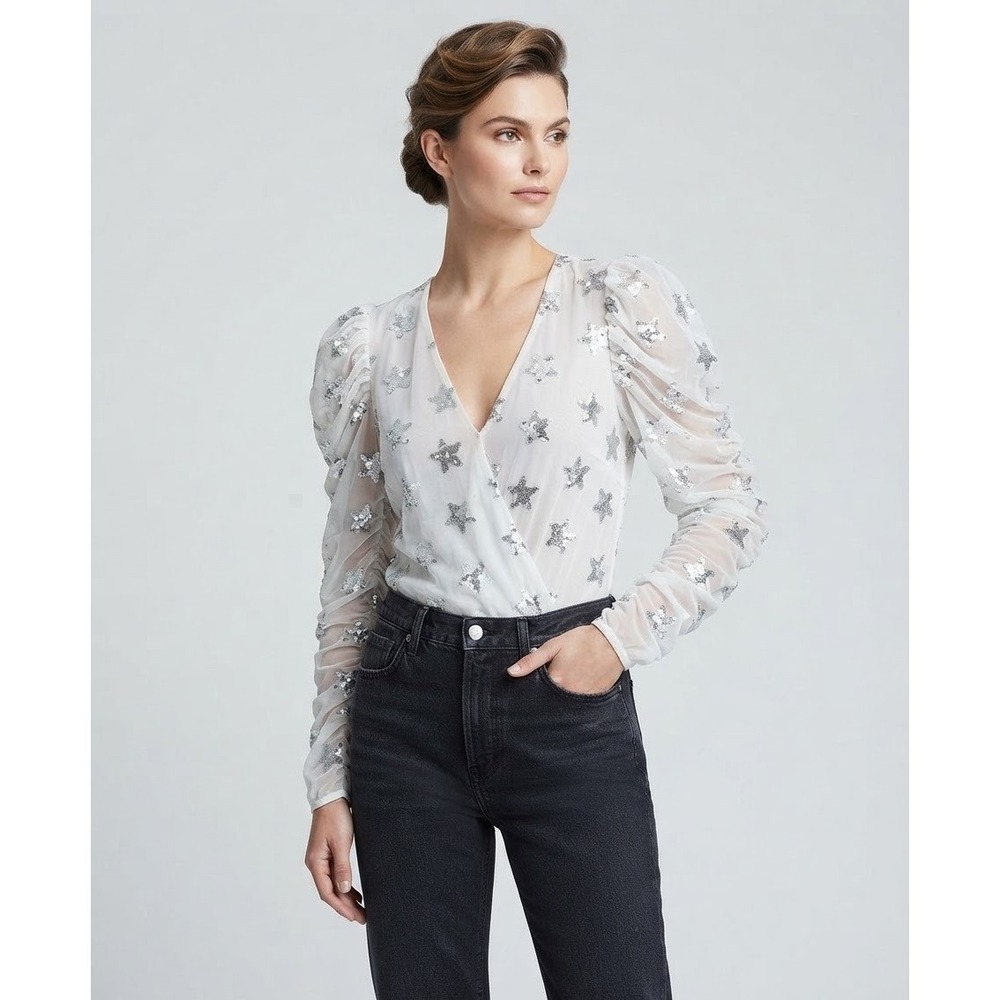 BuddyLove Joan White Sequin Star Bodysuit Long Puff Sleeve V-Neck small